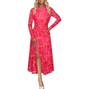 imageECOWISH Womens Bodycon Maxi Dress Fall Long Sleeve Floral Mesh Tight Fitted Party Club Ruched Tie Dye Side Slit DressesPink Floralv