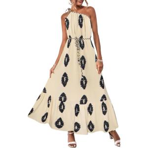 imageECOWISH Womens Summer Maxi Dress Casual One Shoulder Midi Dresses Beach Vacation Boho Floral Long Sundress with Pockets 2025Beige