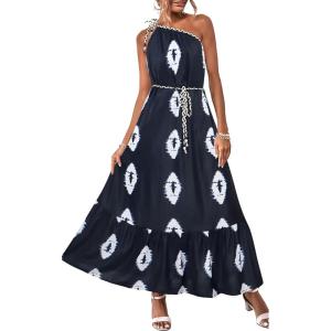 imageECOWISH Womens Summer Maxi Dress Casual One Shoulder Midi Dresses Beach Vacation Boho Floral Long Sundress with Pockets 2025Navy Blue