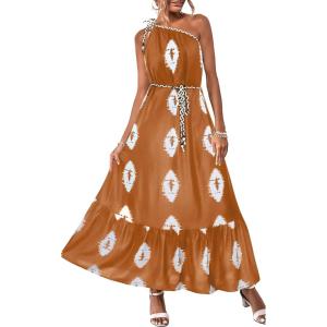 imageECOWISH Womens Summer Maxi Dress Casual One Shoulder Midi Dresses Beach Vacation Boho Floral Long Sundress with Pockets 2025Orange