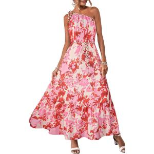 imageECOWISH Womens Summer Maxi Dress Casual One Shoulder Midi Dresses Beach Vacation Boho Floral Long Sundress with Pockets 2025Pink Flower
