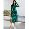 imageECOWISH Long Sleeve Midi Formal Dress Women Fall Ruched Bodycon Party Cocktail Club Mesh Dresses Crewneck Floral Tie Dye SlitGreen Floral