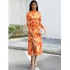 imageECOWISH Long Sleeve Midi Formal Dress Women Fall Ruched Bodycon Party Cocktail Club Mesh Dresses Crewneck Floral Tie Dye SlitOrange Floral