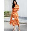 imageECOWISH Long Sleeve Midi Formal Dress Women Fall Ruched Bodycon Party Cocktail Club Mesh Dresses Crewneck Floral Tie Dye SlitOrange Floral