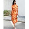 imageECOWISH Long Sleeve Midi Formal Dress Women Fall Ruched Bodycon Party Cocktail Club Mesh Dresses Crewneck Floral Tie Dye SlitOrange Floral