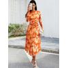 imageECOWISH Long Sleeve Midi Formal Dress Women Fall Ruched Bodycon Party Cocktail Club Mesh Dresses Crewneck Floral Tie Dye SlitOrange Floral