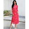 imageECOWISH Long Sleeve Midi Formal Dress Women Fall Ruched Bodycon Party Cocktail Club Mesh Dresses Crewneck Floral Tie Dye SlitPink Floral
