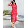 imageECOWISH Long Sleeve Midi Formal Dress Women Fall Ruched Bodycon Party Cocktail Club Mesh Dresses Crewneck Floral Tie Dye SlitPink Floral
