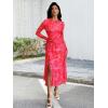 imageECOWISH Long Sleeve Midi Formal Dress Women Fall Ruched Bodycon Party Cocktail Club Mesh Dresses Crewneck Floral Tie Dye SlitPink Floral