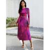 imageECOWISH Long Sleeve Midi Formal Dress Women Fall Ruched Bodycon Party Cocktail Club Mesh Dresses Crewneck Floral Tie Dye SlitPurple Floral