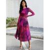 imageECOWISH Long Sleeve Midi Formal Dress Women Fall Ruched Bodycon Party Cocktail Club Mesh Dresses Crewneck Floral Tie Dye SlitPurple Floral