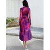 imageECOWISH Long Sleeve Midi Formal Dress Women Fall Ruched Bodycon Party Cocktail Club Mesh Dresses Crewneck Floral Tie Dye SlitPurple Floral