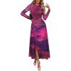 imageECOWISH Long Sleeve Midi Formal Dress Women Fall Ruched Bodycon Party Cocktail Club Mesh Dresses Crewneck Floral Tie Dye SlitPurple Floral