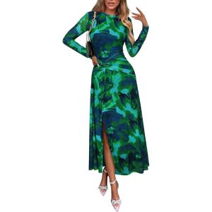 imageECOWISH Long Sleeve Midi Formal Dress Women Fall Ruched Bodycon Party Cocktail Club Mesh Dresses Crewneck Floral Tie Dye SlitGreen Floral