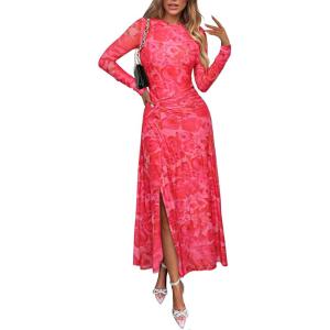 imageECOWISH Long Sleeve Midi Formal Dress Women Fall Ruched Bodycon Party Cocktail Club Mesh Dresses Crewneck Floral Tie Dye SlitPink Floral