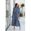 imageECOWISH Womens Maxi Shirt Dress  2025 Long Sleeve Button Casual Fall Aline Work Tiered Dresses with Belt and PocketsGray Blue