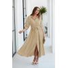 imageECOWISH Womens Maxi Shirt Dress  2025 Long Sleeve Button Casual Fall Aline Work Tiered Dresses with Belt and PocketsKhaki