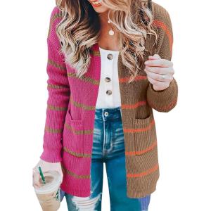 imageECOWISH Womens Cardigan Sweaters Fall Winter Knitted Rainbow Color Block Striped Cozy Kimono Long Sleeve Open Front Pockets76rose Red and Broen