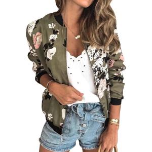 imageECOWISH Womens Casual Floral Zip Up Bomber Jacket Coat Lightweight Short Camo No Lining Outwear Tops Windbreaker with Pocket333 Olive Green
