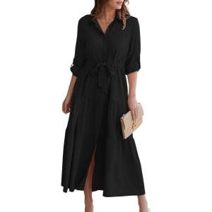 imageECOWISH Womens Maxi Shirt Dress  2025 Long Sleeve Button Casual Fall Aline Work Tiered Dresses with Belt and PocketsBlack