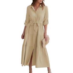 imageECOWISH Womens Maxi Shirt Dress  2025 Long Sleeve Button Casual Fall Aline Work Tiered Dresses with Belt and PocketsKhaki