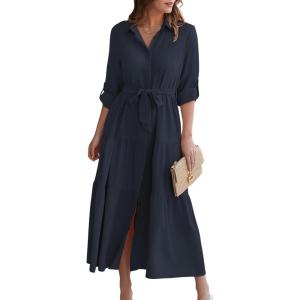 imageECOWISH Womens Maxi Shirt Dress  2025 Long Sleeve Button Casual Fall Aline Work Tiered Dresses with Belt and PocketsNavy
