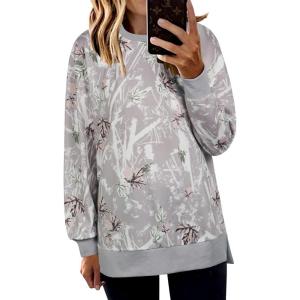 imageECOWISH Women Side Split Sweatshirt Fall Crewneck Long Sleeve Oversized Camo Shirts Casual Camouflage Print Pullover Tops472 Grey Purple
