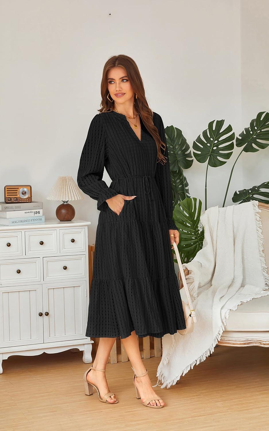 imageECOWISH Women Winter Casual Dress  V Neck Long Sleeve Midi Pleated Tiered Plaid Loose Maternity Holiday Picnic Dresses428 Black