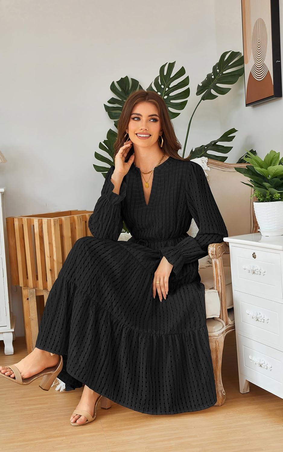 imageECOWISH Women Winter Casual Dress  V Neck Long Sleeve Midi Pleated Tiered Plaid Loose Maternity Holiday Picnic Dresses428 Black