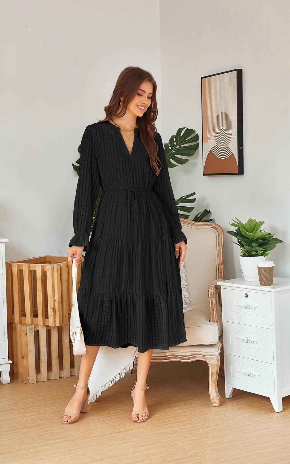 imageECOWISH Women Winter Casual Dress  V Neck Long Sleeve Midi Pleated Tiered Plaid Loose Maternity Holiday Picnic Dresses428 Black