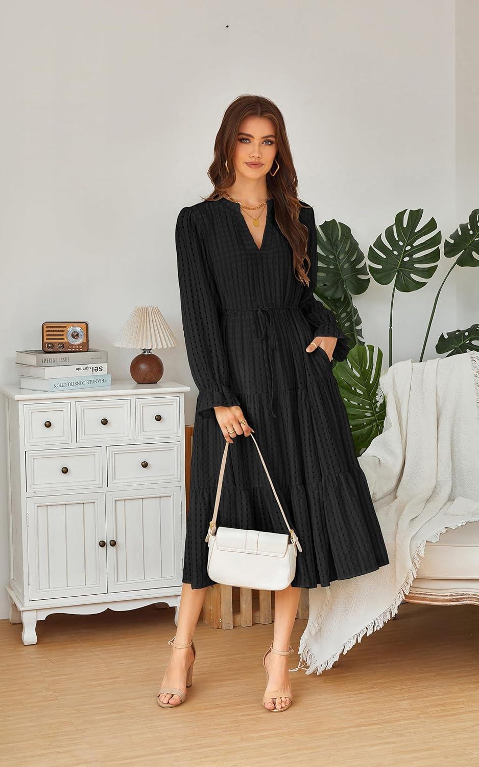 imageECOWISH Women Winter Casual Dress  V Neck Long Sleeve Midi Pleated Tiered Plaid Loose Maternity Holiday Picnic Dresses428 Black