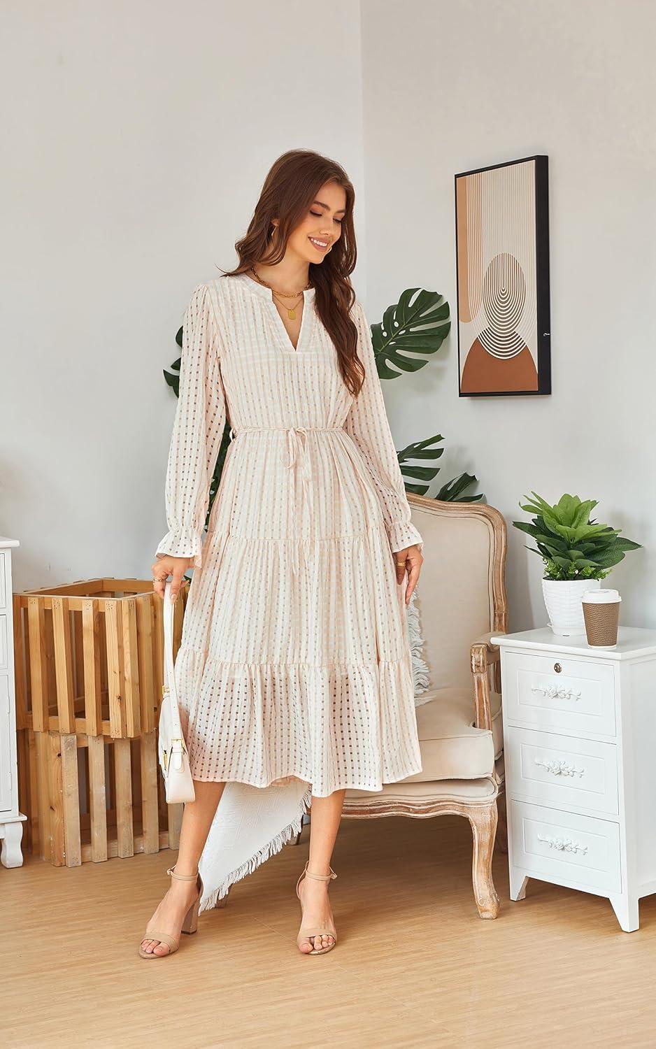 imageECOWISH Women Winter Casual Dress  V Neck Long Sleeve Midi Pleated Tiered Plaid Loose Maternity Holiday Picnic Dresses428 Champagne