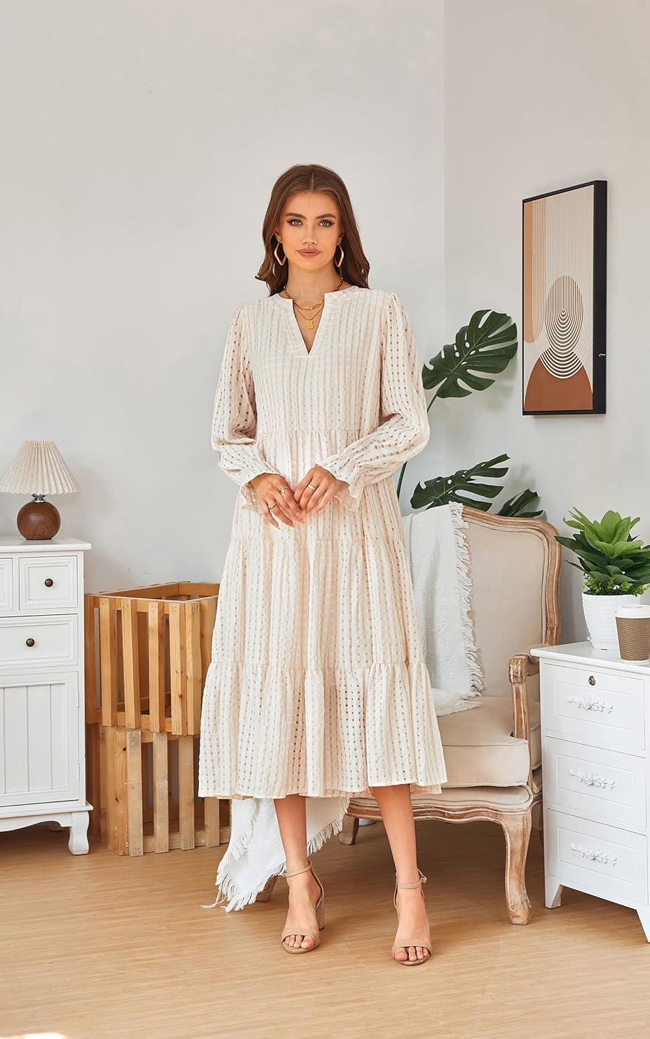 imageECOWISH Women Winter Casual Dress  V Neck Long Sleeve Midi Pleated Tiered Plaid Loose Maternity Holiday Picnic Dresses428 Champagne