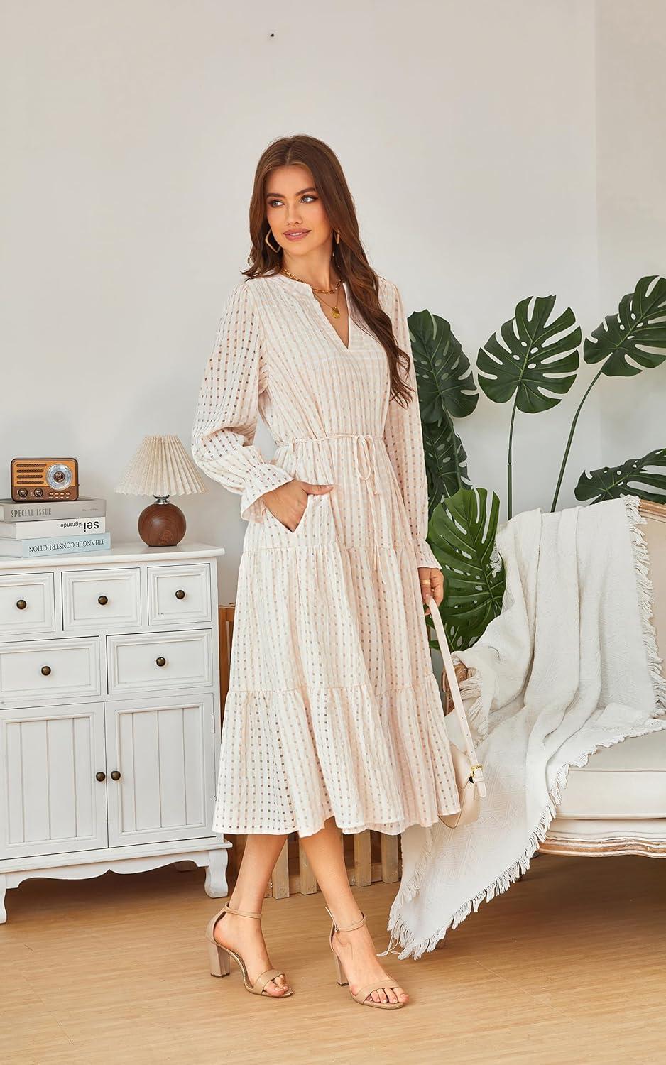 imageECOWISH Women Winter Casual Dress  V Neck Long Sleeve Midi Pleated Tiered Plaid Loose Maternity Holiday Picnic Dresses428 Champagne