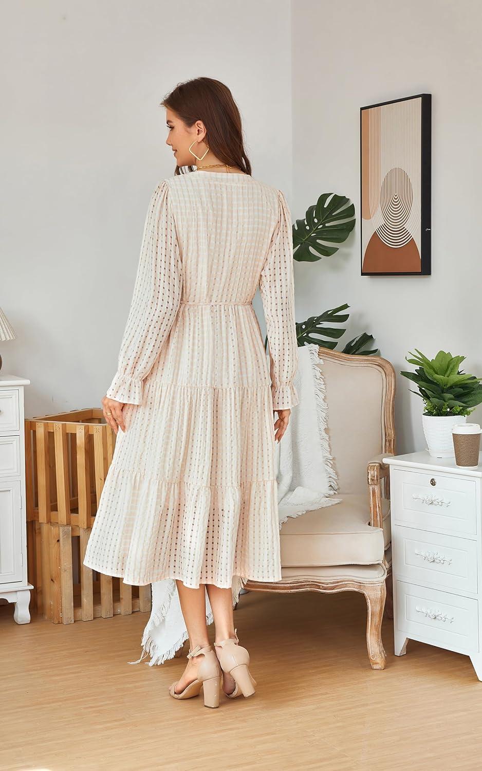 imageECOWISH Women Winter Casual Dress  V Neck Long Sleeve Midi Pleated Tiered Plaid Loose Maternity Holiday Picnic Dresses428 Champagne