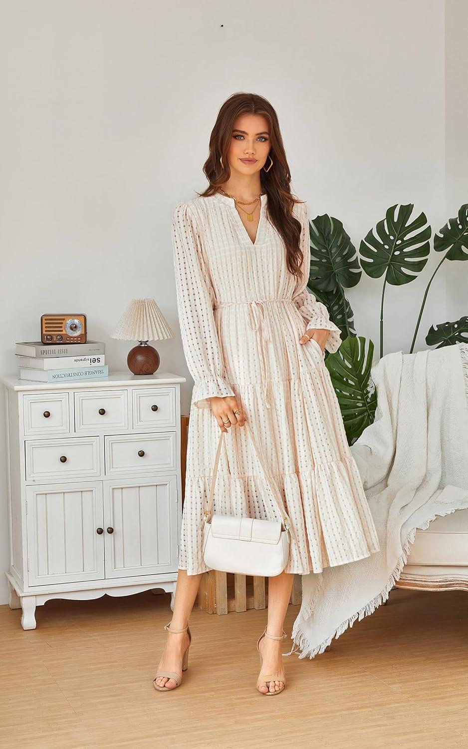 imageECOWISH Women Winter Casual Dress  V Neck Long Sleeve Midi Pleated Tiered Plaid Loose Maternity Holiday Picnic Dresses428 Champagne
