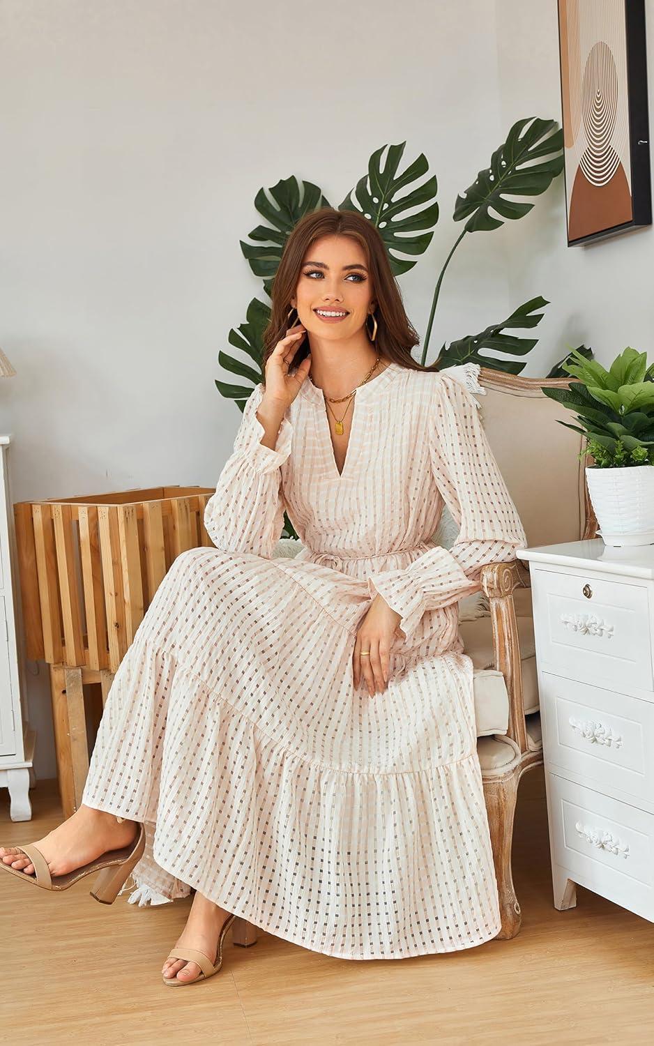imageECOWISH Women Winter Casual Dress  V Neck Long Sleeve Midi Pleated Tiered Plaid Loose Maternity Holiday Picnic Dresses428 Champagne