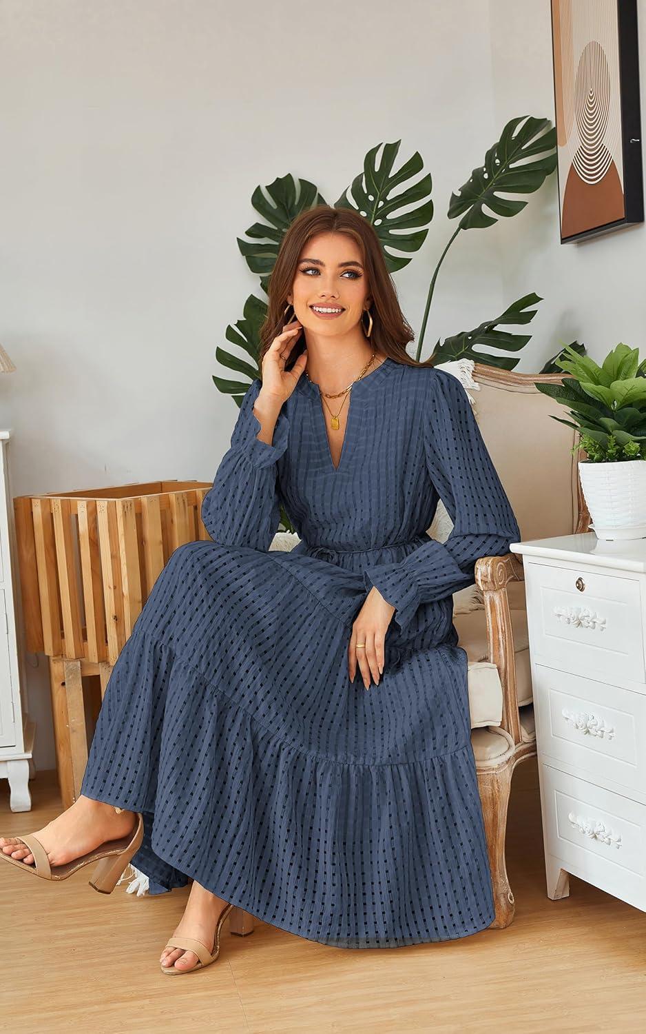 imageECOWISH Women Winter Casual Dress  V Neck Long Sleeve Midi Pleated Tiered Plaid Loose Maternity Holiday Picnic Dresses428 Navy Blue