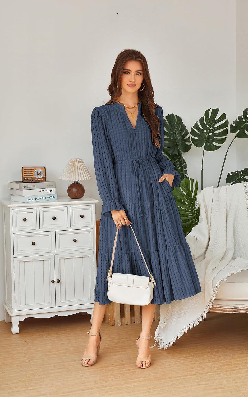 imageECOWISH Women Winter Casual Dress  V Neck Long Sleeve Midi Pleated Tiered Plaid Loose Maternity Holiday Picnic Dresses428 Navy Blue