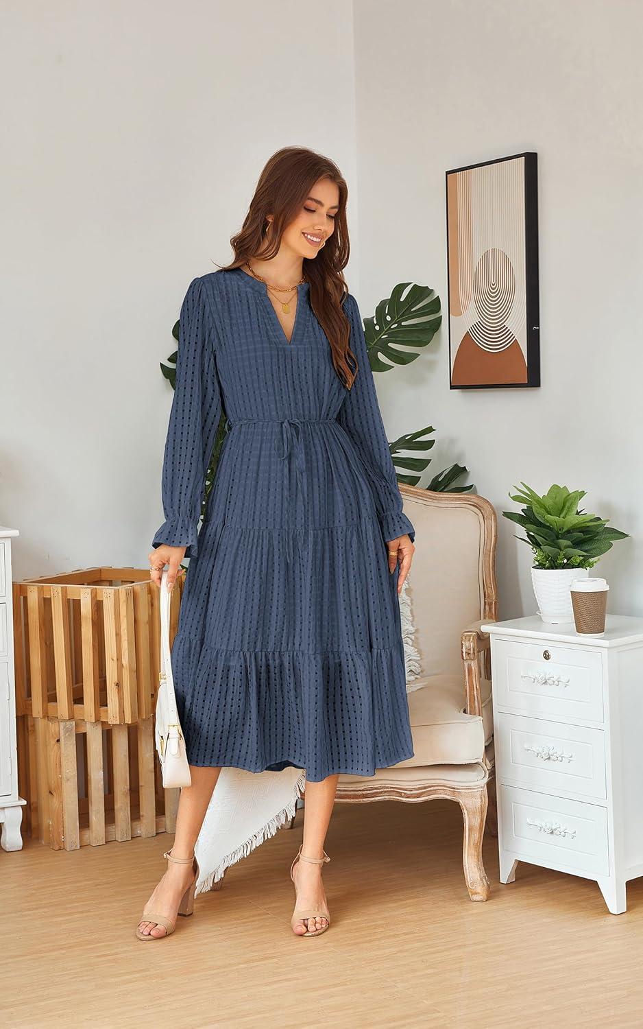 imageECOWISH Women Winter Casual Dress  V Neck Long Sleeve Midi Pleated Tiered Plaid Loose Maternity Holiday Picnic Dresses428 Navy Blue