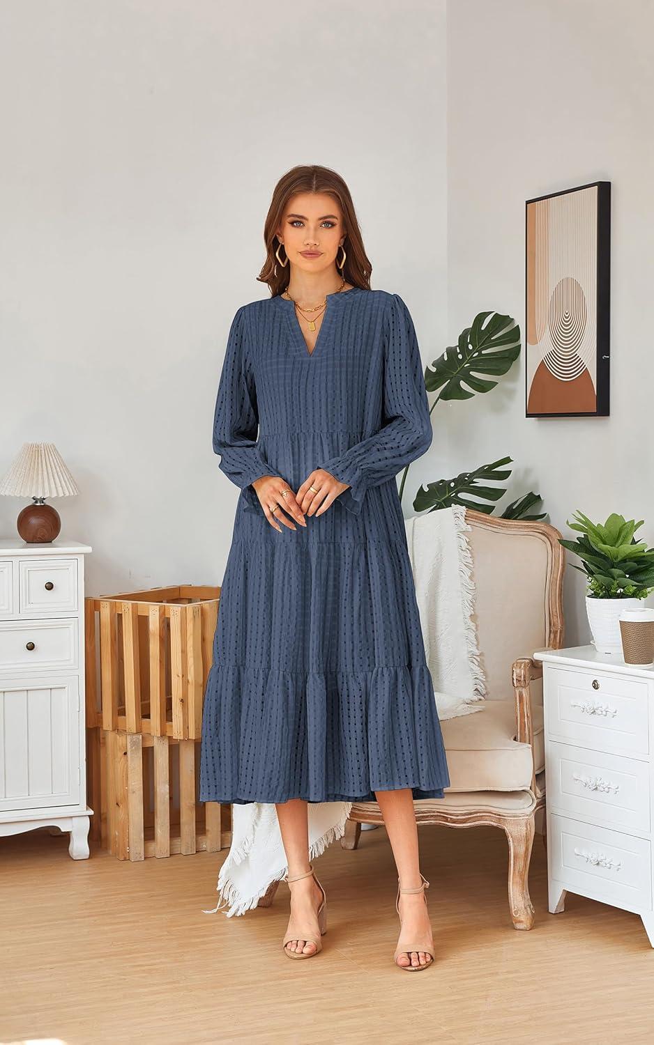 imageECOWISH Women Winter Casual Dress  V Neck Long Sleeve Midi Pleated Tiered Plaid Loose Maternity Holiday Picnic Dresses428 Navy Blue