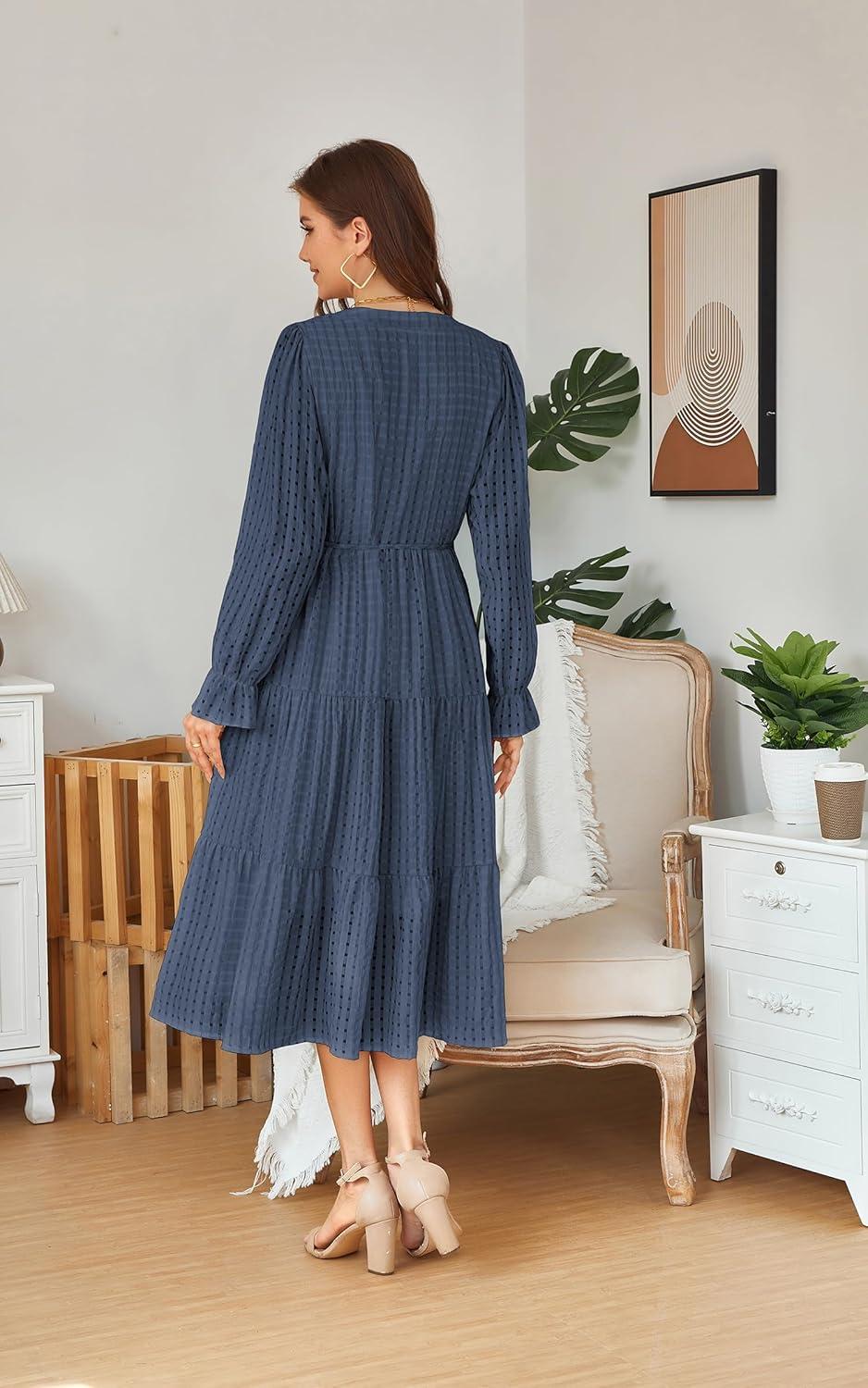 imageECOWISH Women Winter Casual Dress  V Neck Long Sleeve Midi Pleated Tiered Plaid Loose Maternity Holiday Picnic Dresses428 Navy Blue