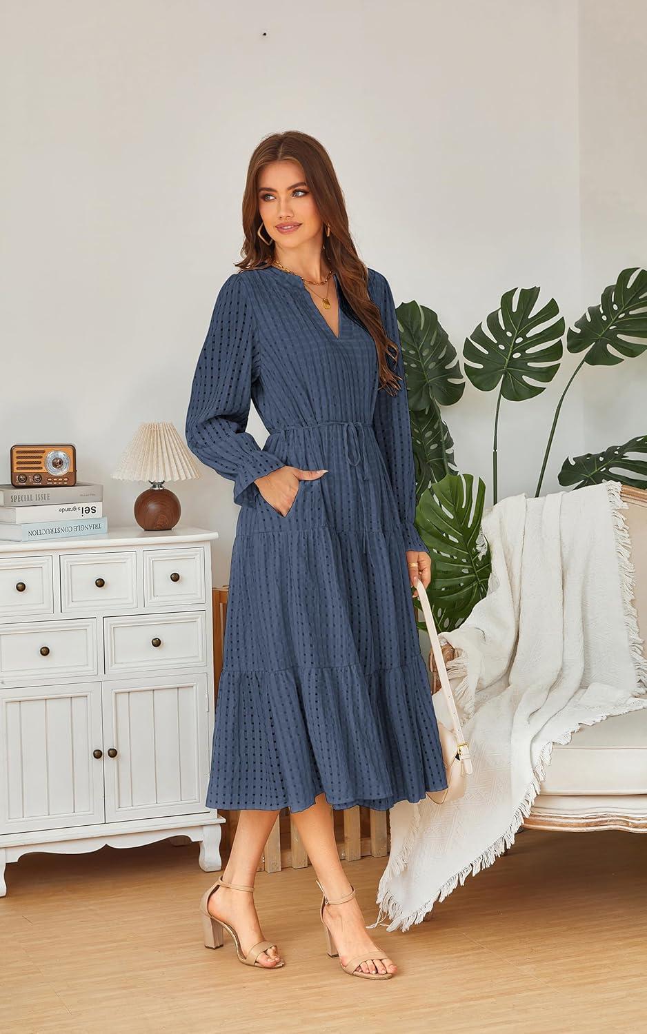 imageECOWISH Women Winter Casual Dress  V Neck Long Sleeve Midi Pleated Tiered Plaid Loose Maternity Holiday Picnic Dresses428 Navy Blue