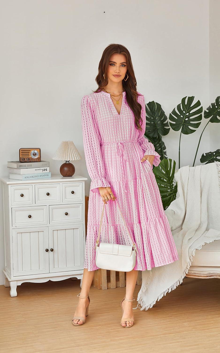 imageECOWISH Women Winter Casual Dress  V Neck Long Sleeve Midi Pleated Tiered Plaid Loose Maternity Holiday Picnic Dresses428 Pink