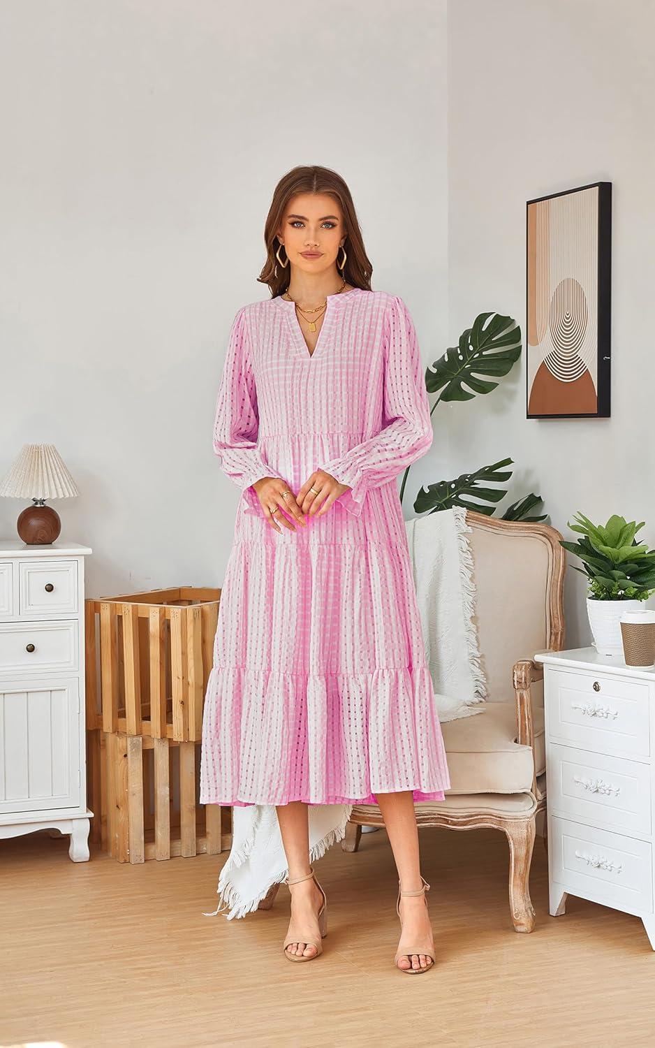imageECOWISH Women Winter Casual Dress  V Neck Long Sleeve Midi Pleated Tiered Plaid Loose Maternity Holiday Picnic Dresses428 Pink