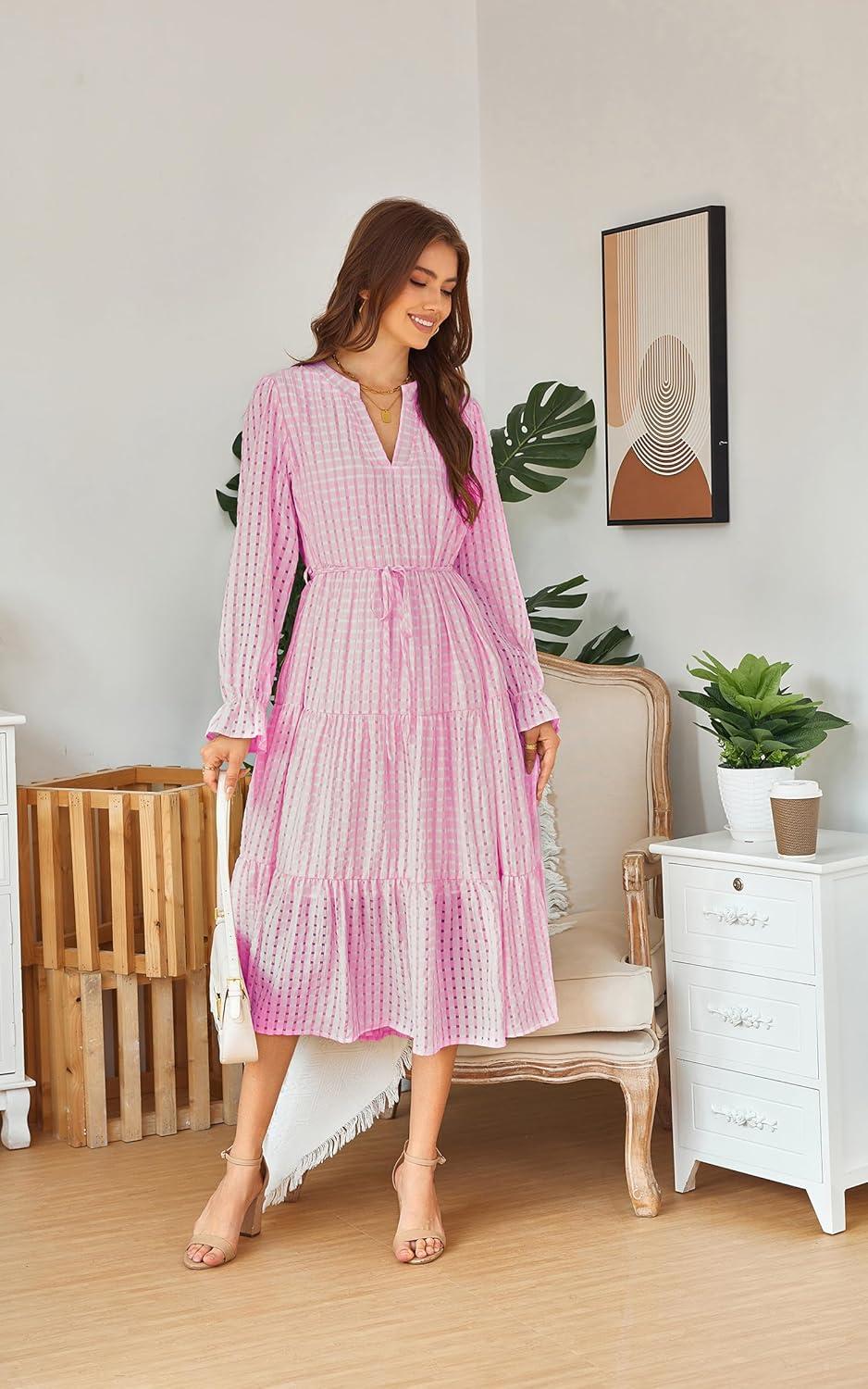 imageECOWISH Women Winter Casual Dress  V Neck Long Sleeve Midi Pleated Tiered Plaid Loose Maternity Holiday Picnic Dresses428 Pink