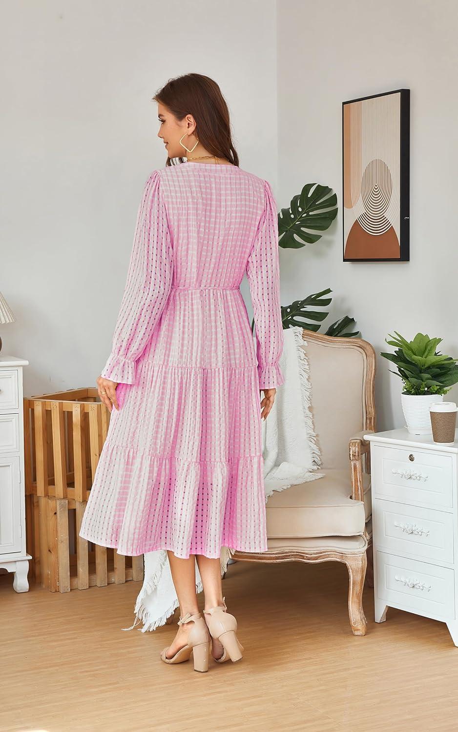 imageECOWISH Women Winter Casual Dress  V Neck Long Sleeve Midi Pleated Tiered Plaid Loose Maternity Holiday Picnic Dresses428 Pink