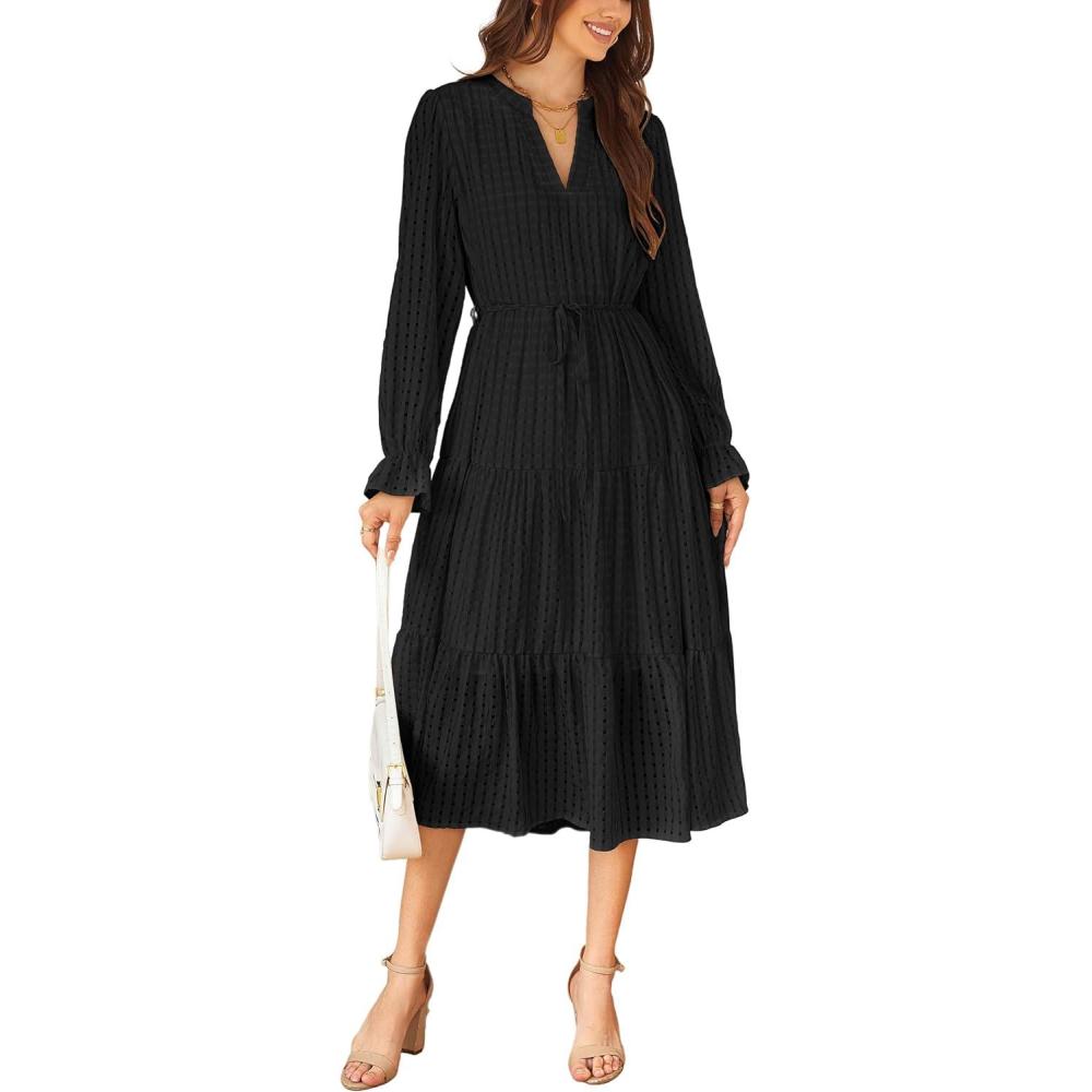 imageECOWISH Women Winter Casual Dress  V Neck Long Sleeve Midi Pleated Tiered Plaid Loose Maternity Holiday Picnic Dresses428 Black