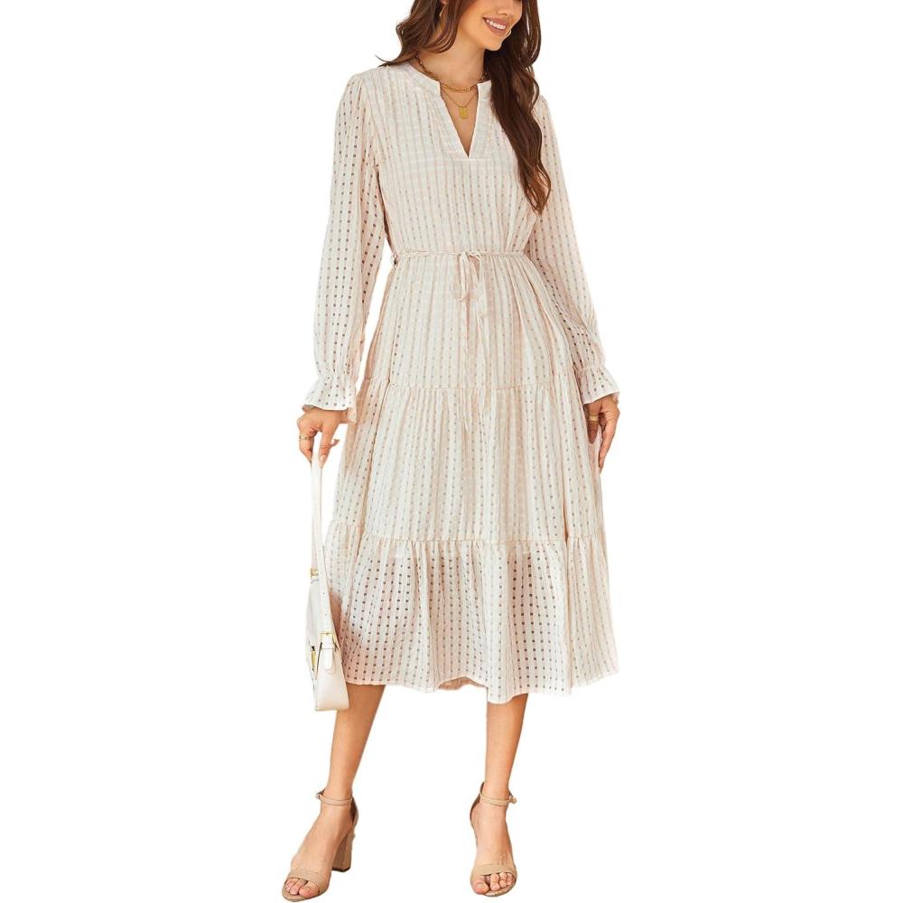 imageECOWISH Women Winter Casual Dress  V Neck Long Sleeve Midi Pleated Tiered Plaid Loose Maternity Holiday Picnic Dresses428 Champagne