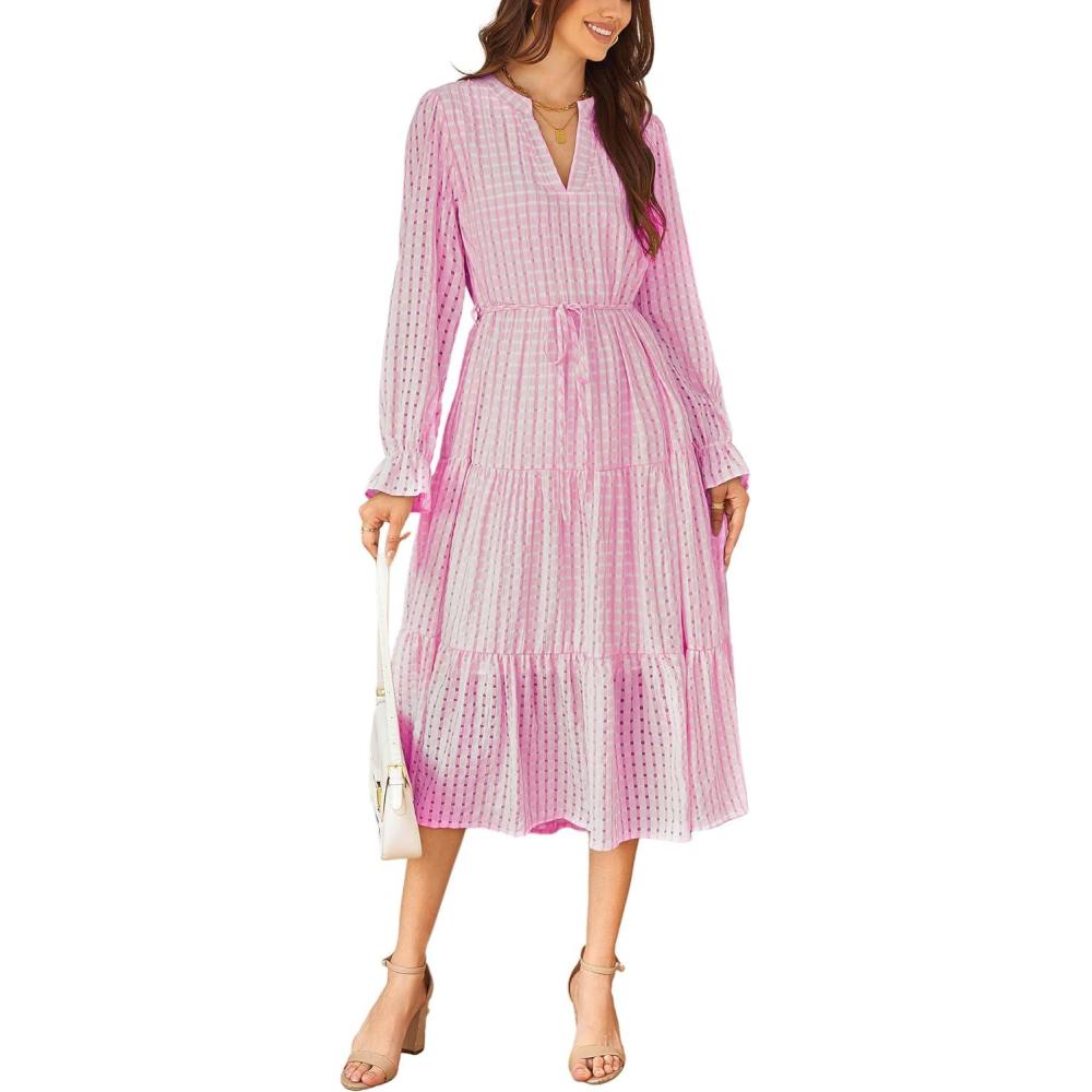 imageECOWISH Women Winter Casual Dress  V Neck Long Sleeve Midi Pleated Tiered Plaid Loose Maternity Holiday Picnic Dresses428 Pink